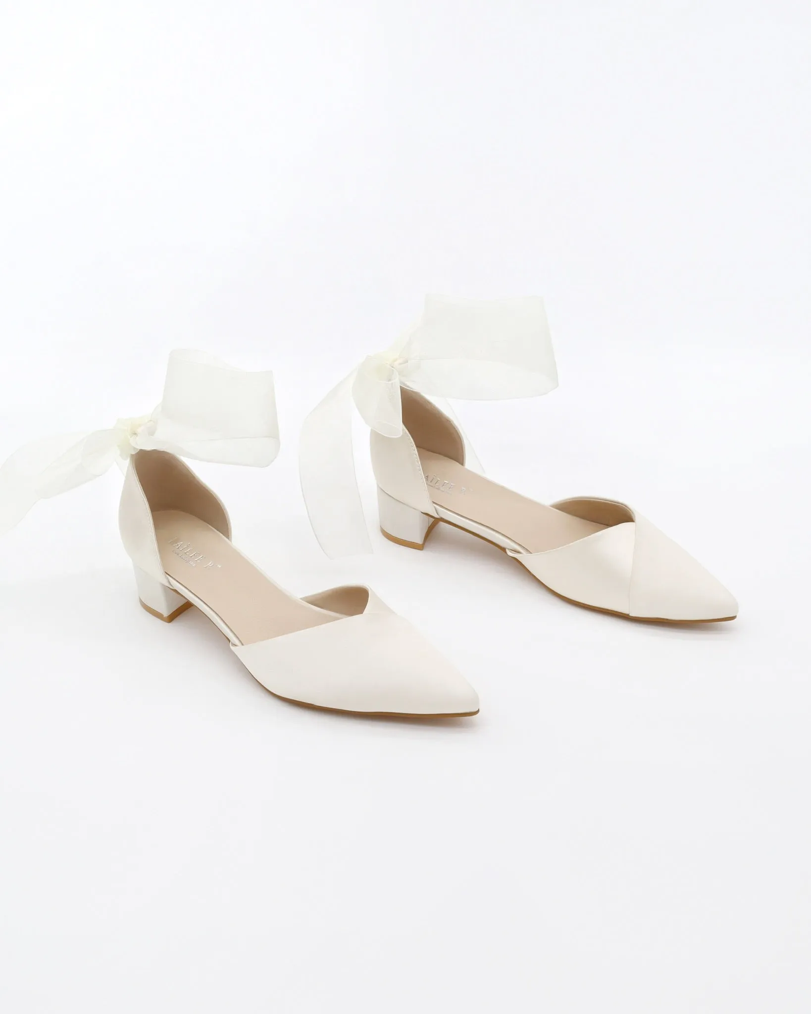 Satin Pointy Toe Low Block Heels Wedding Shoes with Wrapped Ribbon Tie