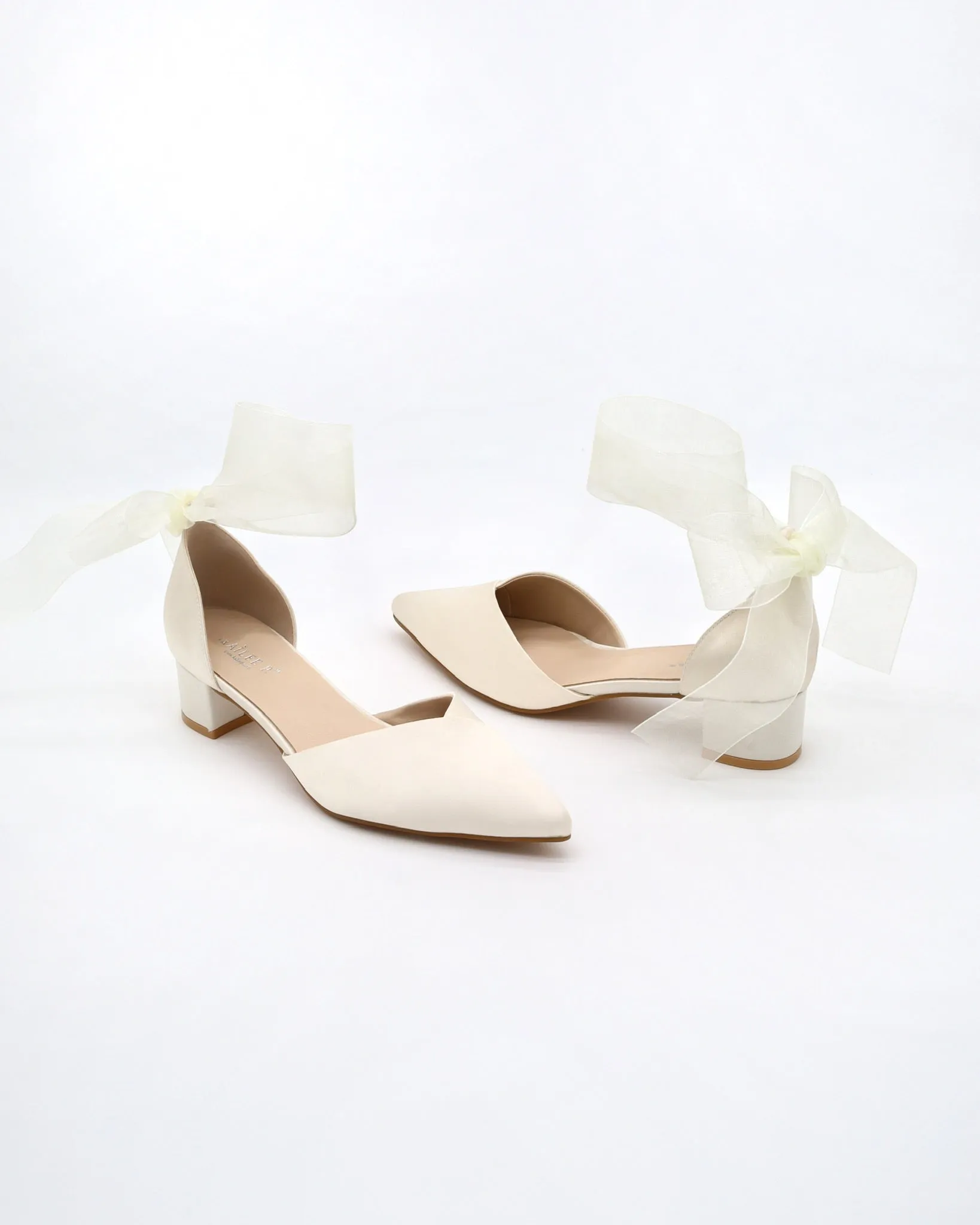 Satin Pointy Toe Low Block Heels Wedding Shoes with Wrapped Ribbon Tie