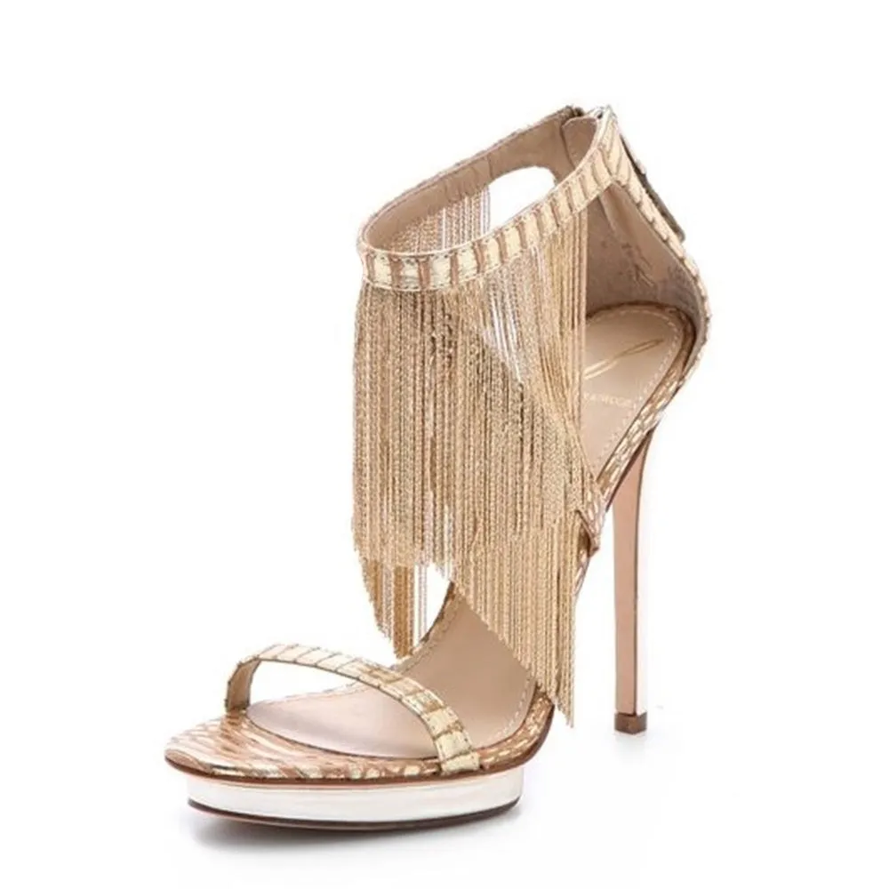 Sexy Gold Metal Fringe High Stiletto Back Zipper Cover High Heels