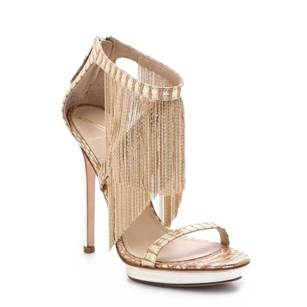 Sexy Gold Metal Fringe High Stiletto Back Zipper Cover High Heels