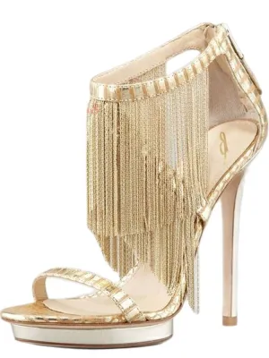 Sexy Gold Metal Fringe High Stiletto Back Zipper Cover High Heels