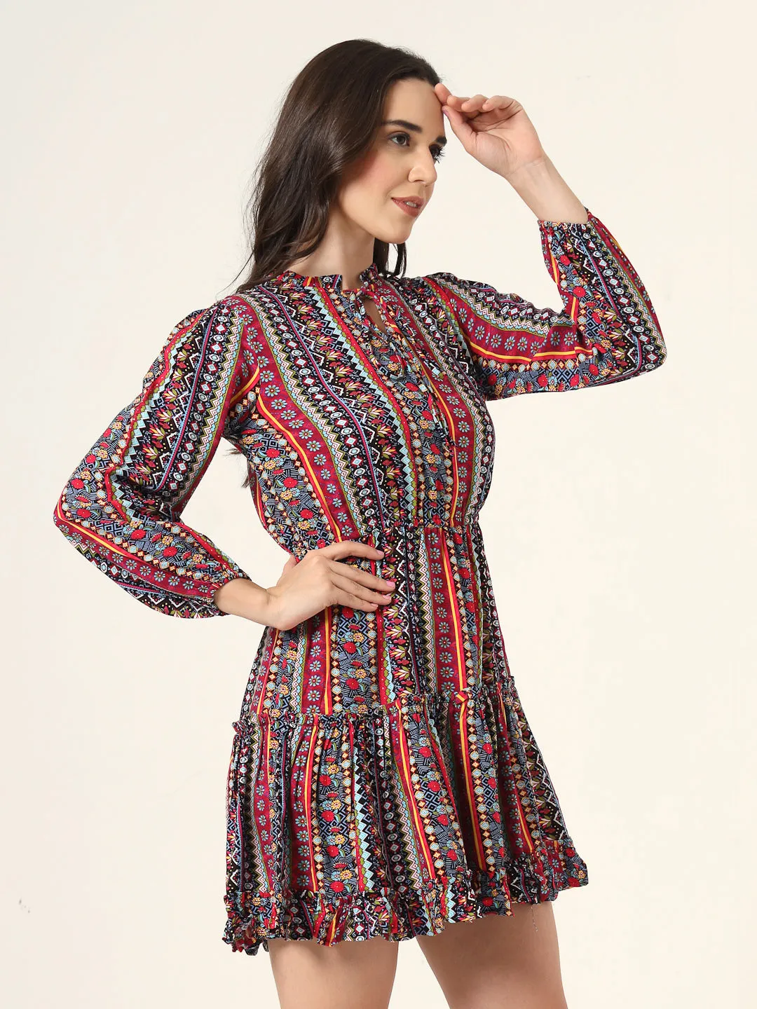 Style Quotient Women Multi Floral Printed Smart Casual Blouson Mini Dress