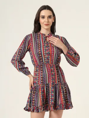 Style Quotient Women Multi Floral Printed Smart Casual Blouson Mini Dress