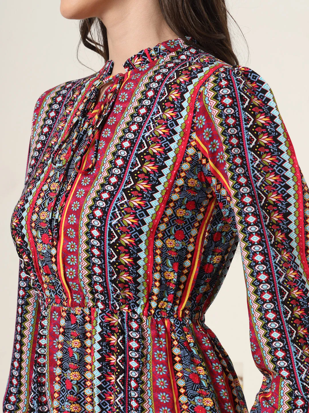 Style Quotient Women Multi Floral Printed Smart Casual Blouson Mini Dress
