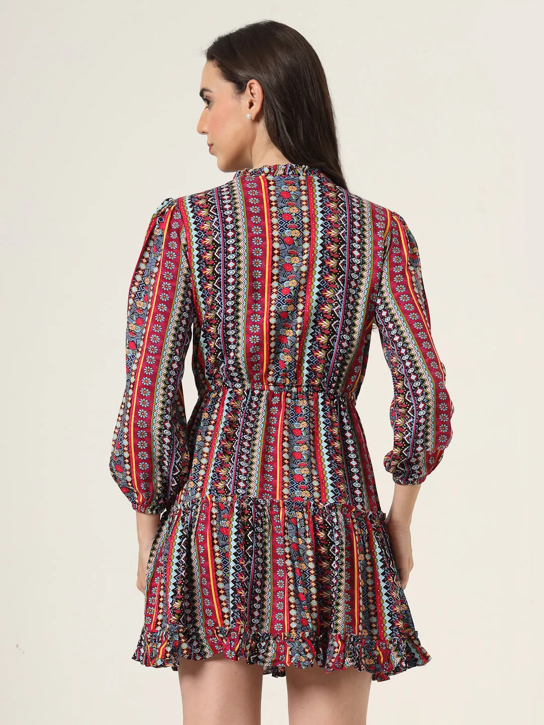 Style Quotient Women Multi Floral Printed Smart Casual Blouson Mini Dress