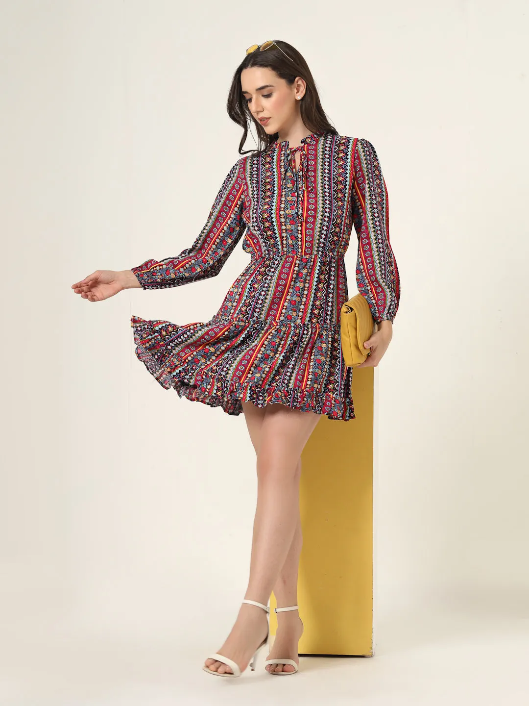 Style Quotient Women Multi Floral Printed Smart Casual Blouson Mini Dress
