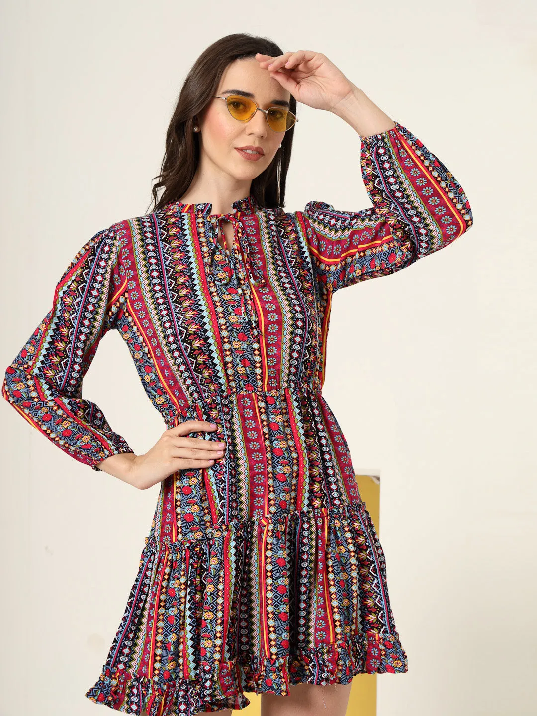 Style Quotient Women Multi Floral Printed Smart Casual Blouson Mini Dress