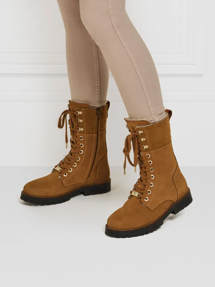 The Anglesey Shearling Lined Combat Boot - Cognac Nubuck