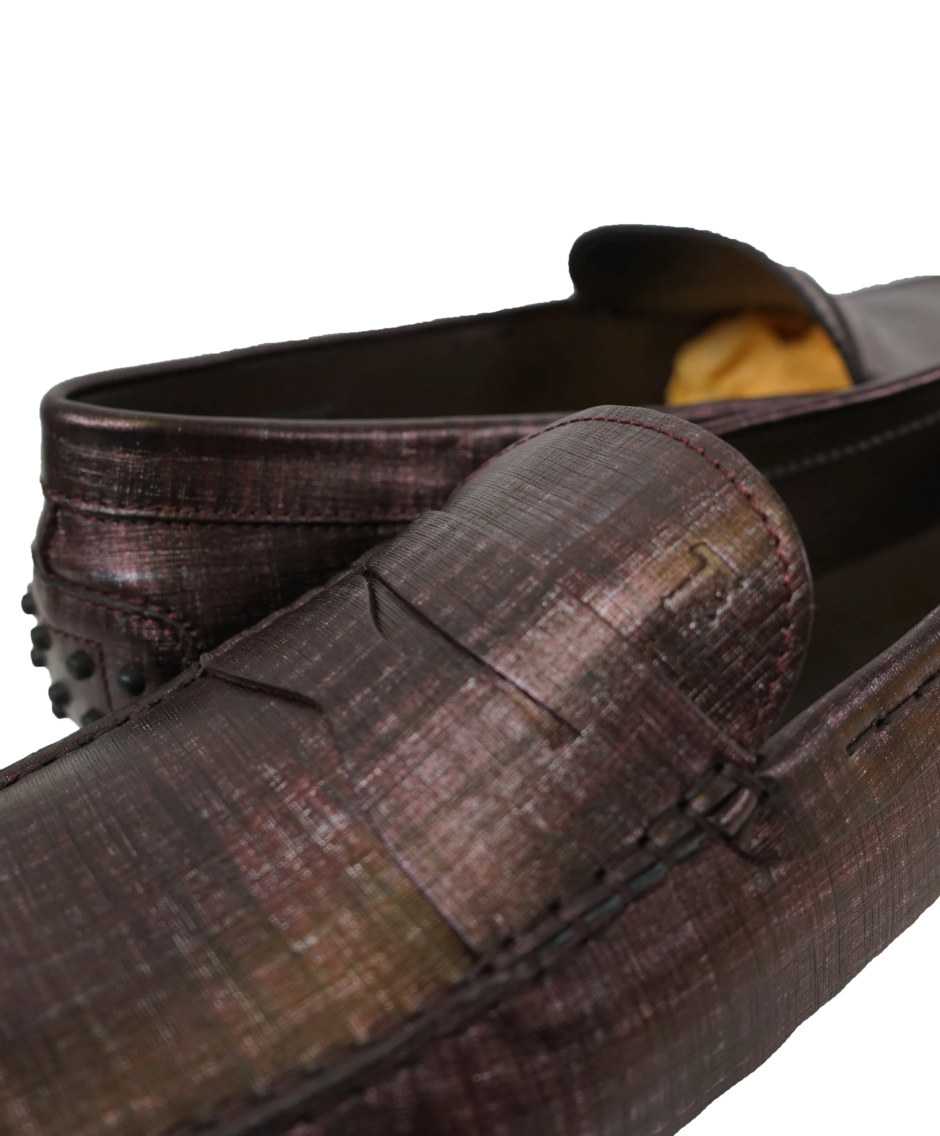 TOD’S - Purple Textured Penny Loafer Logo Leather “Gommini” Loafers- 14