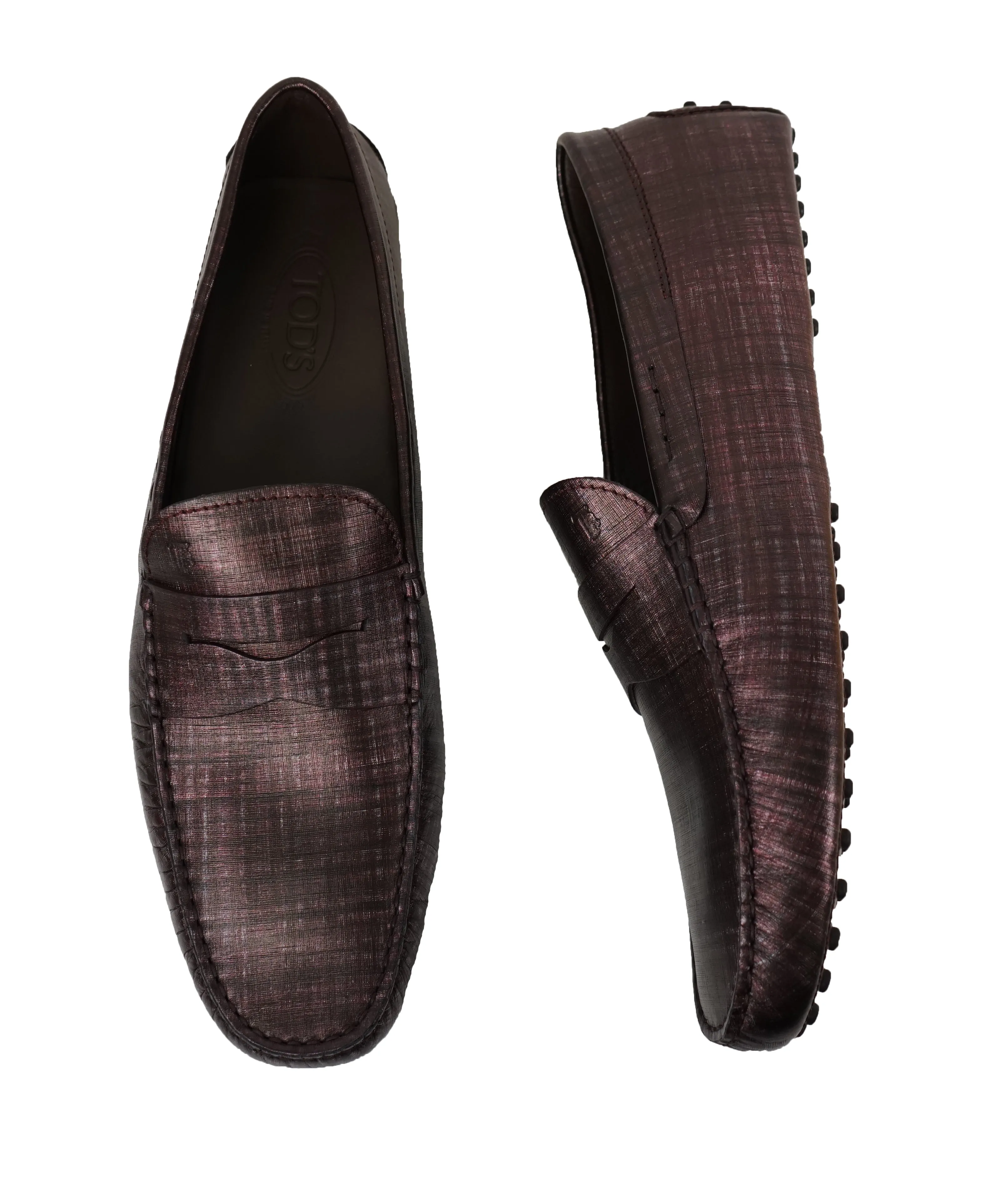 TOD’S - Purple Textured Penny Loafer Logo Leather “Gommini” Loafers- 14