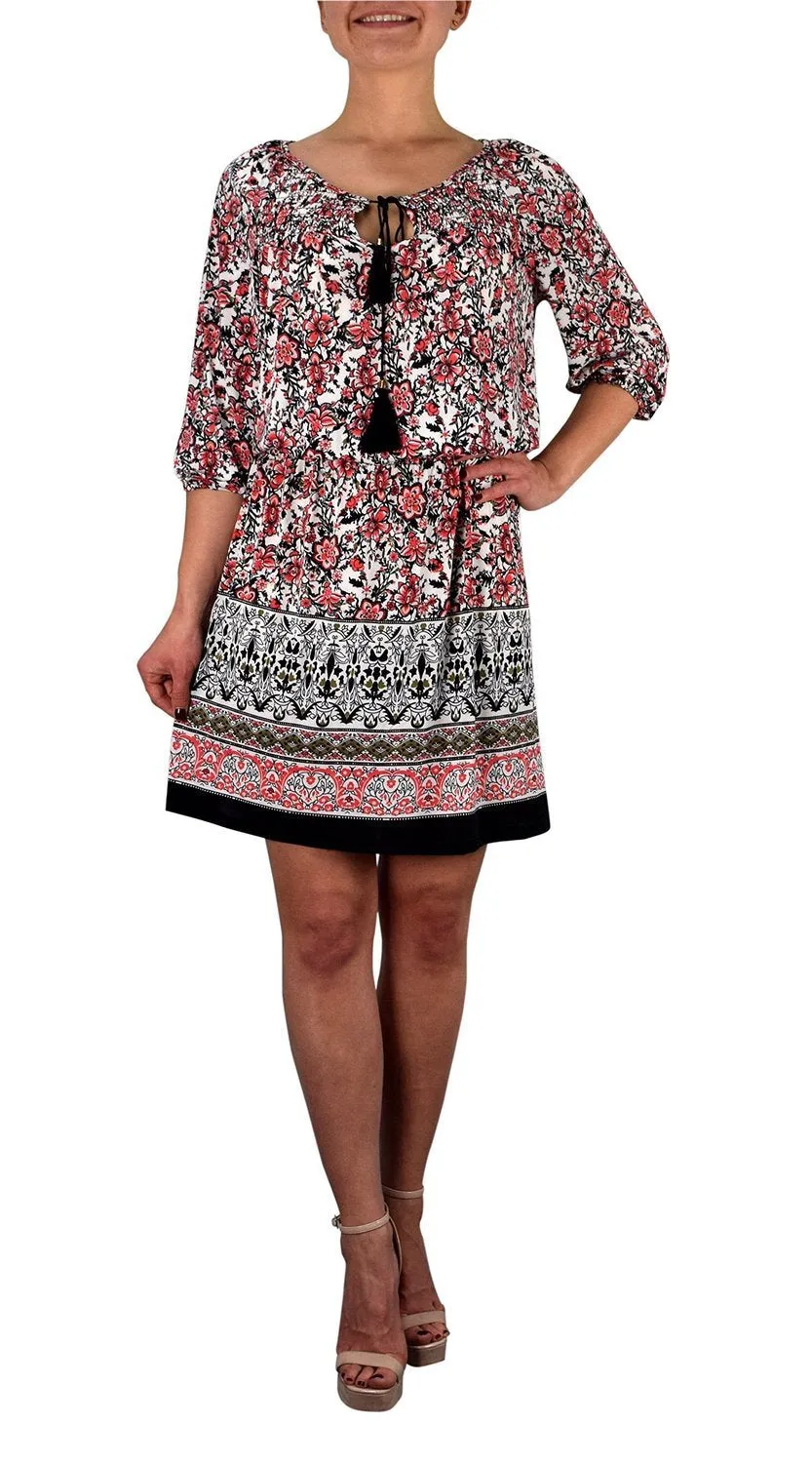 Tribal Bohemian Floral Print Adjustable Neck Summer Shift Dress