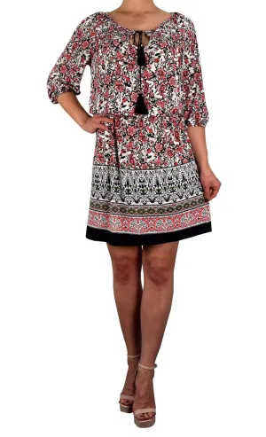 Tribal Bohemian Floral Print Adjustable Neck Summer Shift Dress