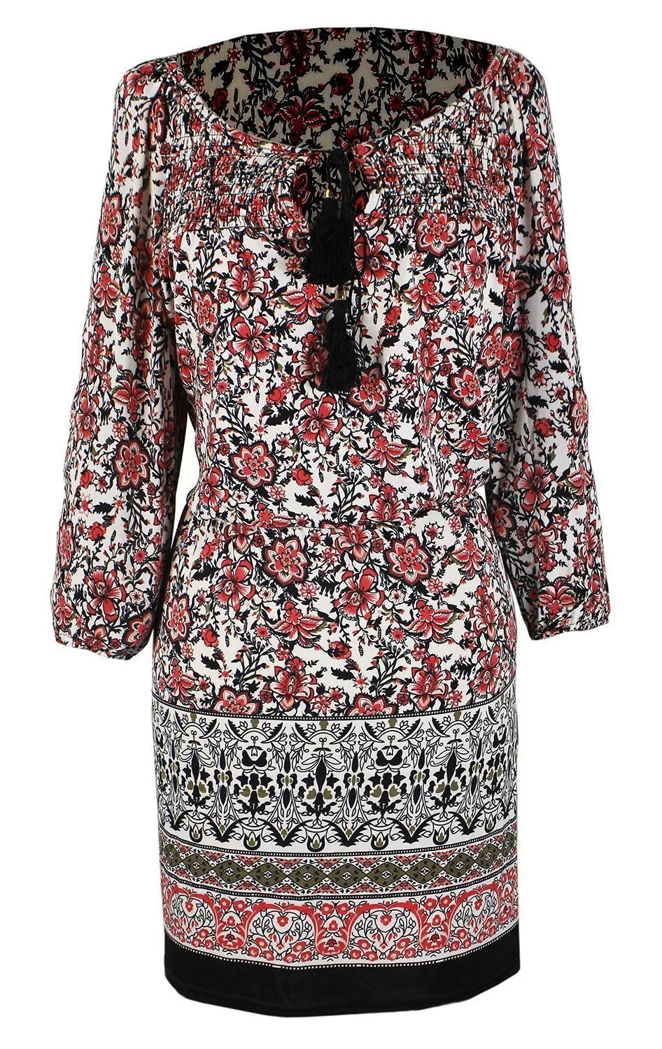 Tribal Bohemian Floral Print Adjustable Neck Summer Shift Dress