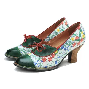 Vintage Hand-embossed Leather Low Heels