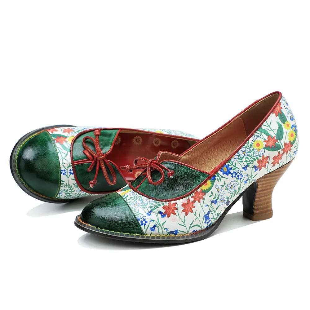 Vintage Hand-embossed Leather Low Heels