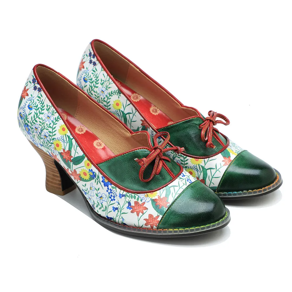 Vintage Hand-embossed Leather Low Heels