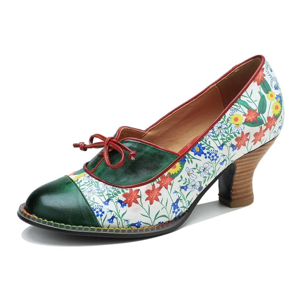 Vintage Hand-embossed Leather Low Heels
