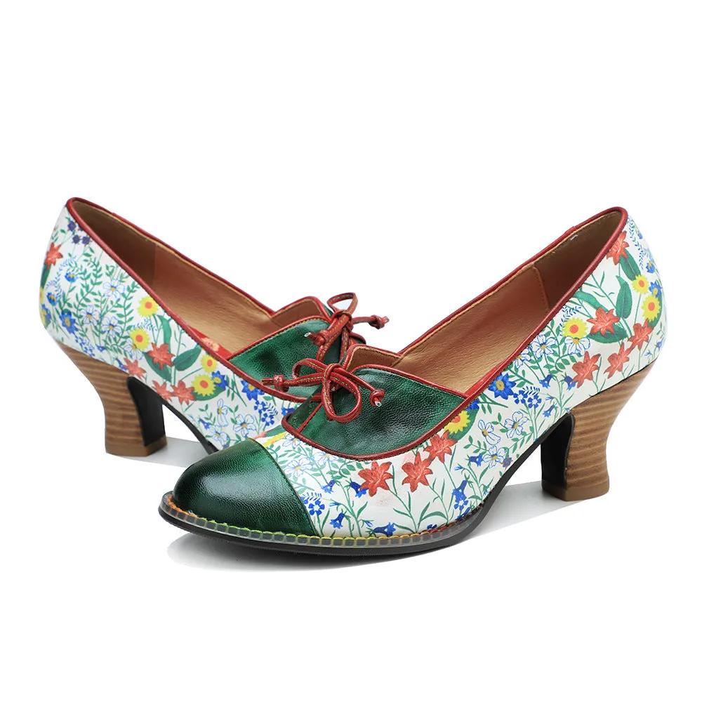 Vintage Hand-embossed Leather Low Heels