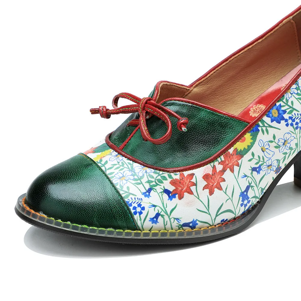 Vintage Hand-embossed Leather Low Heels
