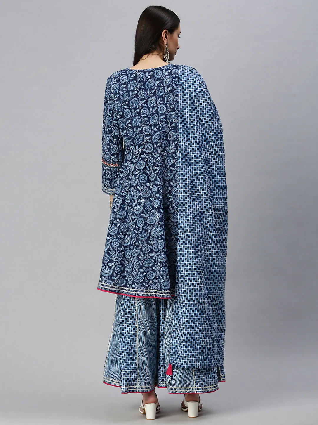 Women A-Line Blue Printed Kurti and Sharara Comes with Dupatta