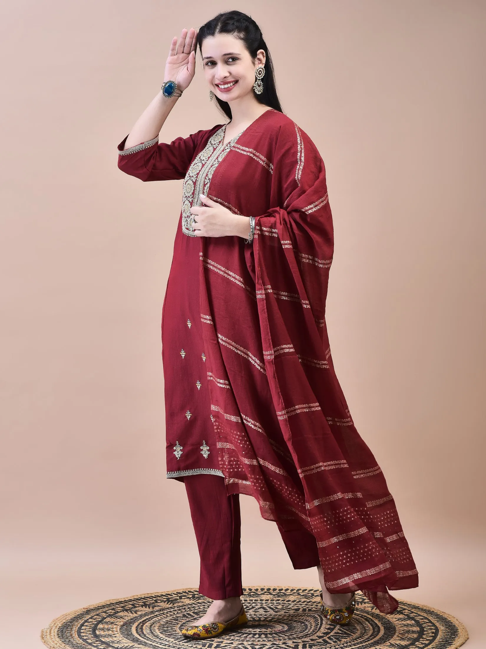Women Poly Viscose Maroon Embroidered Kurta Comfort Pant Chanderi Dupatta