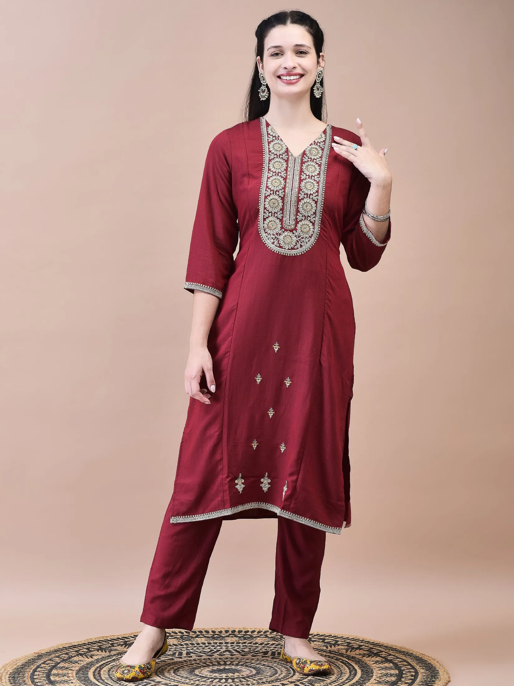 Women Poly Viscose Maroon Embroidered Kurta Comfort Pant Chanderi Dupatta