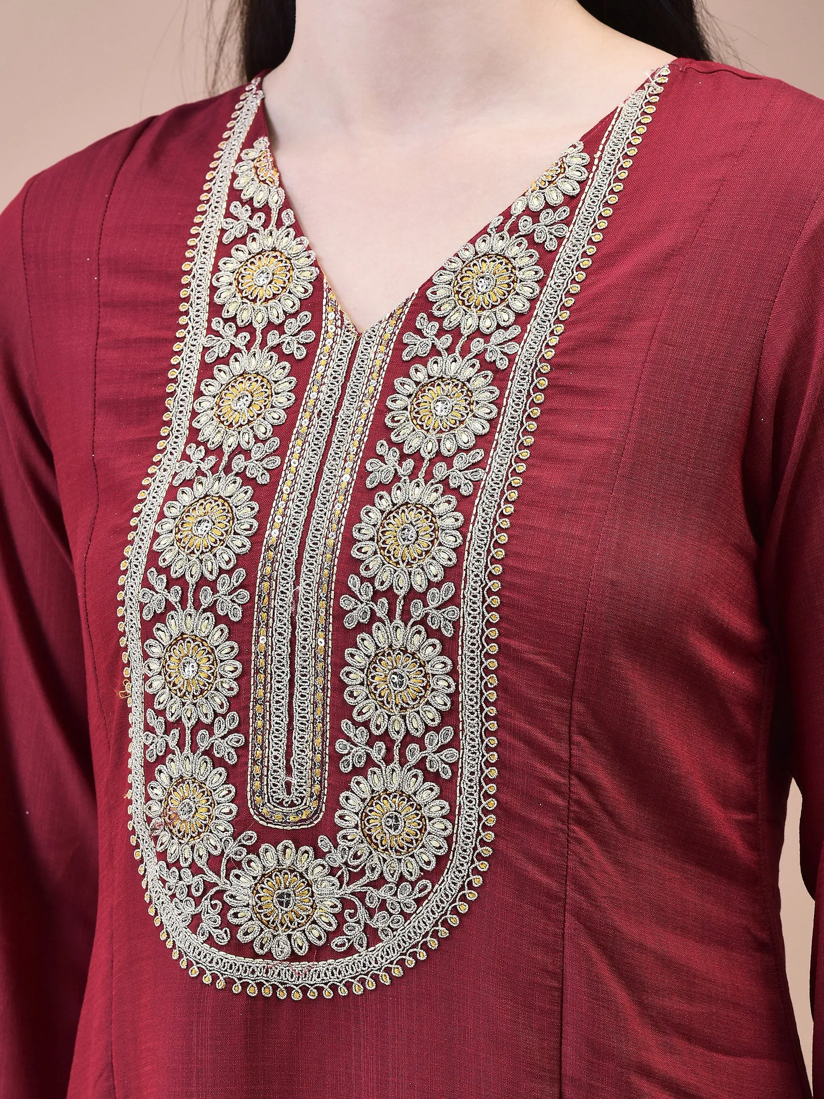 Women Poly Viscose Maroon Embroidered Kurta Comfort Pant Chanderi Dupatta