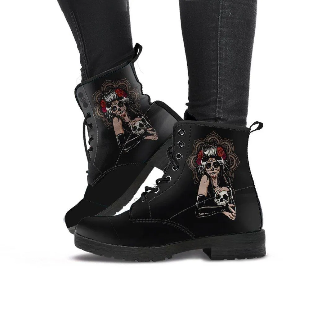 Women's Sugar Skull Girl Round Toe Boots, Calavera Girl Boots, Vegan-Friendly Leather, Black