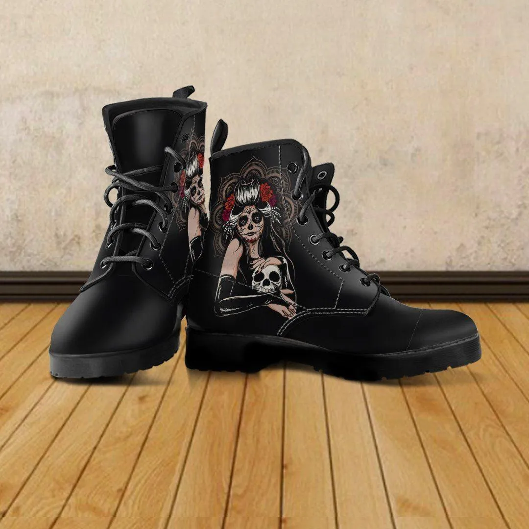 Women's Sugar Skull Girl Round Toe Boots, Calavera Girl Boots, Vegan-Friendly Leather, Black