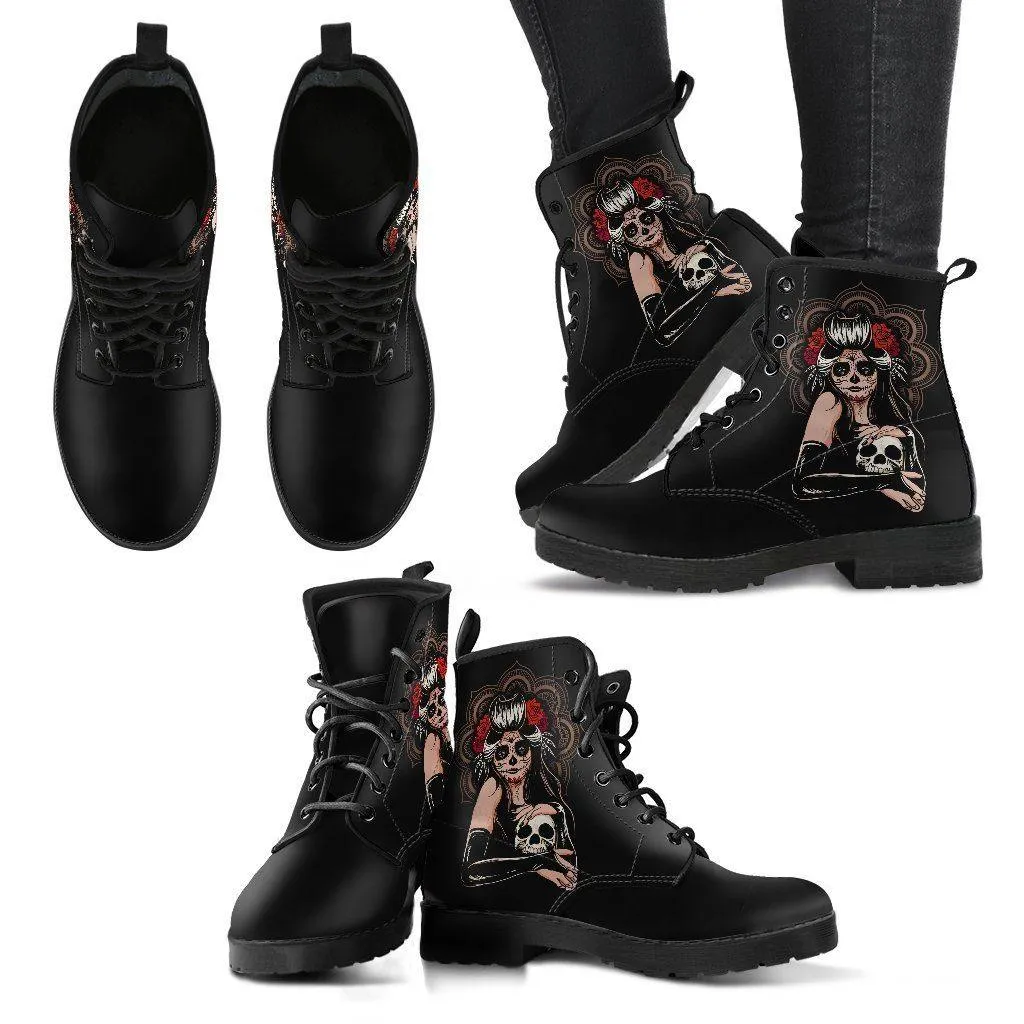 Women's Sugar Skull Girl Round Toe Boots, Calavera Girl Boots, Vegan-Friendly Leather, Black