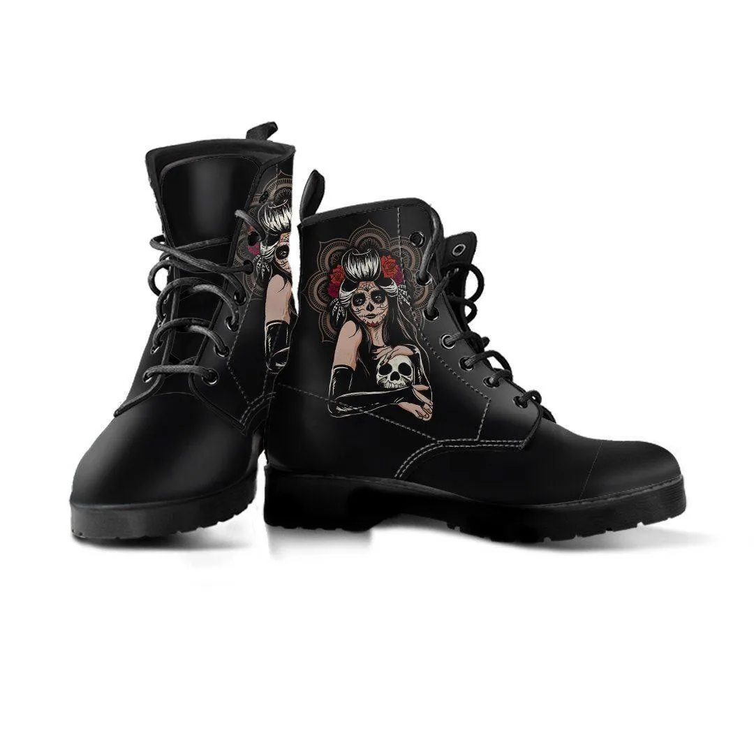 Women's Sugar Skull Girl Round Toe Boots, Calavera Girl Boots, Vegan-Friendly Leather, Black