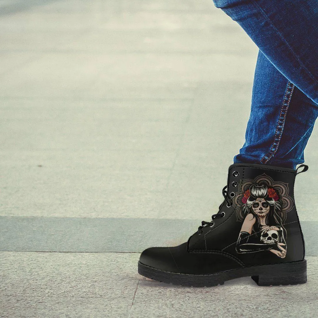 Women's Sugar Skull Girl Round Toe Boots, Calavera Girl Boots, Vegan-Friendly Leather, Black