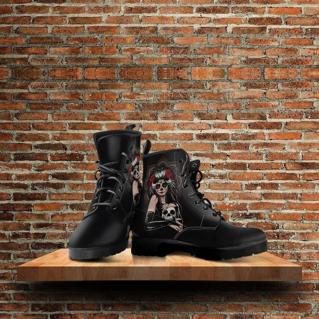 Women's Sugar Skull Girl Round Toe Boots, Calavera Girl Boots, Vegan-Friendly Leather, Black