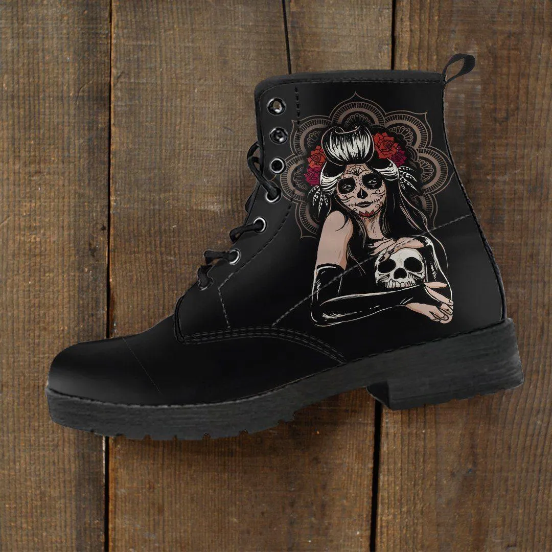 Women's Sugar Skull Girl Round Toe Boots, Calavera Girl Boots, Vegan-Friendly Leather, Black