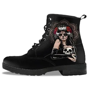 Women's Sugar Skull Girl Round Toe Boots, Calavera Girl Boots, Vegan-Friendly Leather, Black