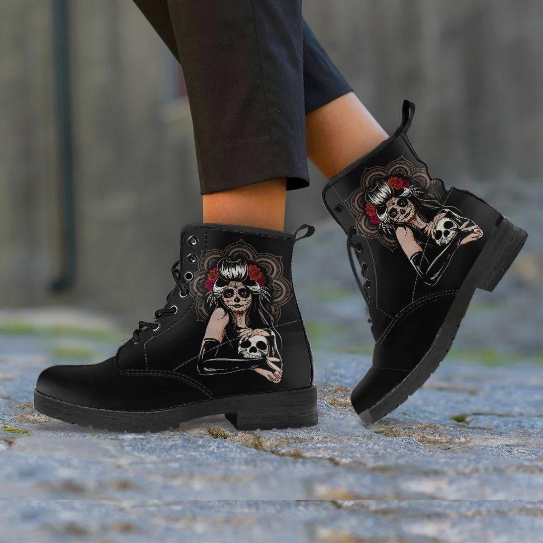 Women's Sugar Skull Girl Round Toe Boots, Calavera Girl Boots, Vegan-Friendly Leather, Black